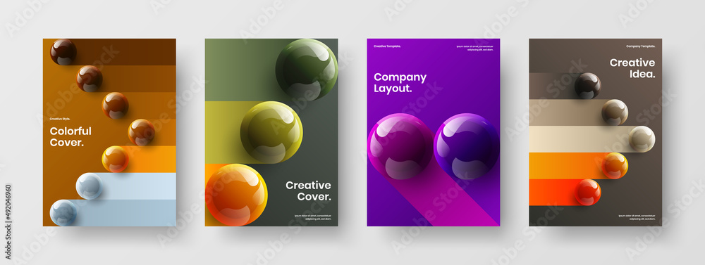 Amazing annual report A4 vector design layout set. Clean realistic spheres magazine cover template bundle.