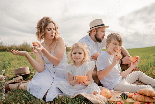 Family in white clothes resting and spending vacation free time together at picnic in meadow. Summertime #492047118