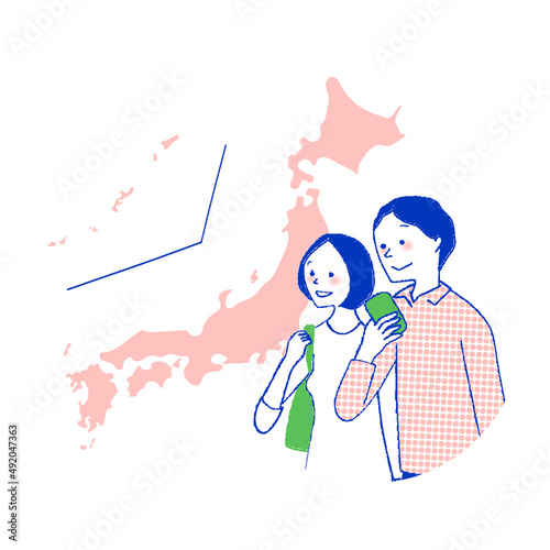旅行する男女と日本地図
