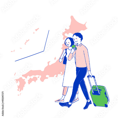 旅行する男女と日本地図
