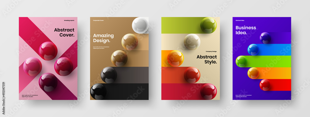 Premium magazine cover A4 vector design illustration collection. Modern 3D spheres front page layout bundle.