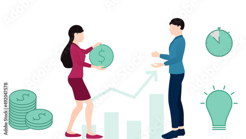 woman investing in bright idea and time, business concept character vector illustration on white background with objects like coins, bulb, clock and graph.