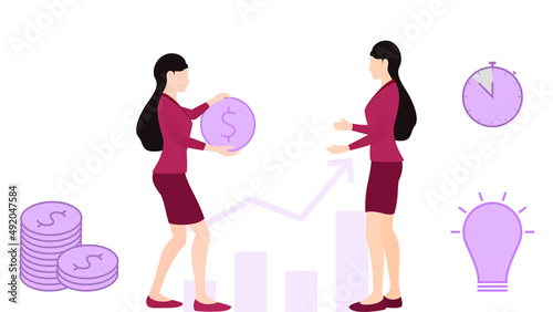 woman investing in bright idea and time, business concept character vector illustration on white background with objects like coins, bulb, clock and graph.