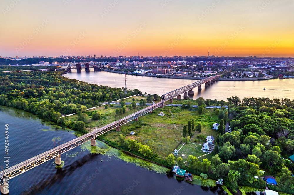 Aerial panorama of the Dnieper with the Petrovsky Railway Bridge in Kiev, the capital of Ukraine, before the war with Russia