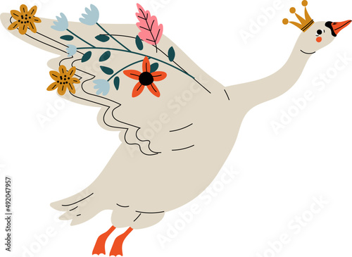 Beautiful White Swan Princess with Golden Crown and Flower Decoration Flying