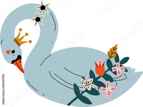 Beautiful Blue Swan Princess with Golden Crown and Flower Decoration Sitting