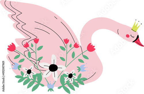 Beautiful Pink Swan Princess with Golden Crown and Flower Decoration Sitting
