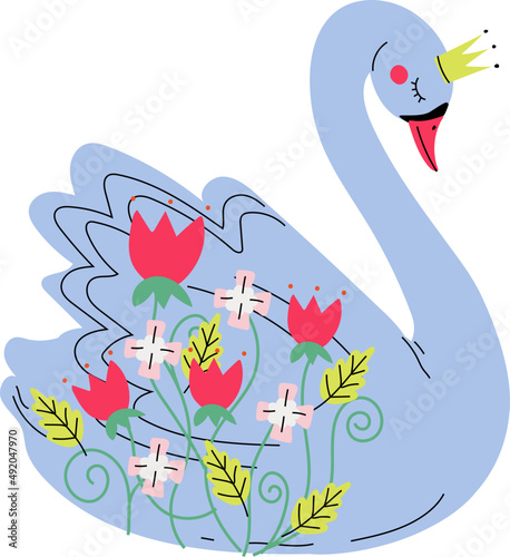 Beautiful Blue Swan Princess with Golden Crown and Flower Decoration Sitting