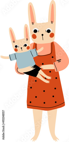 Bunny Animal Parent Humanized Character Holding Its Kid with Arms