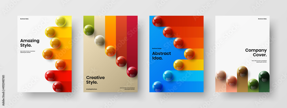 Creative realistic spheres journal cover template composition. Amazing banner design vector layout collection.