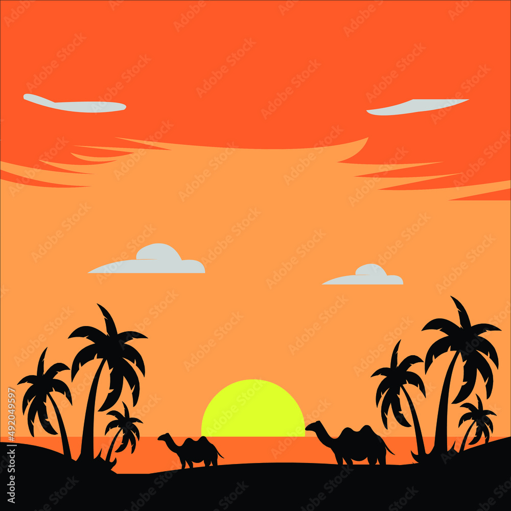 picture of a sunset with two palm trees and two camels