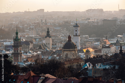 Beautiful view of rooftops of ancient Lviv city center over the sunset time © Богдан Ємець