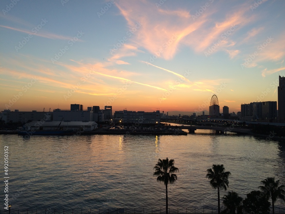sunset over the Tokyo bay, silhouette of ferris wheel and industrial buildings, palm trees November 27th, 2014