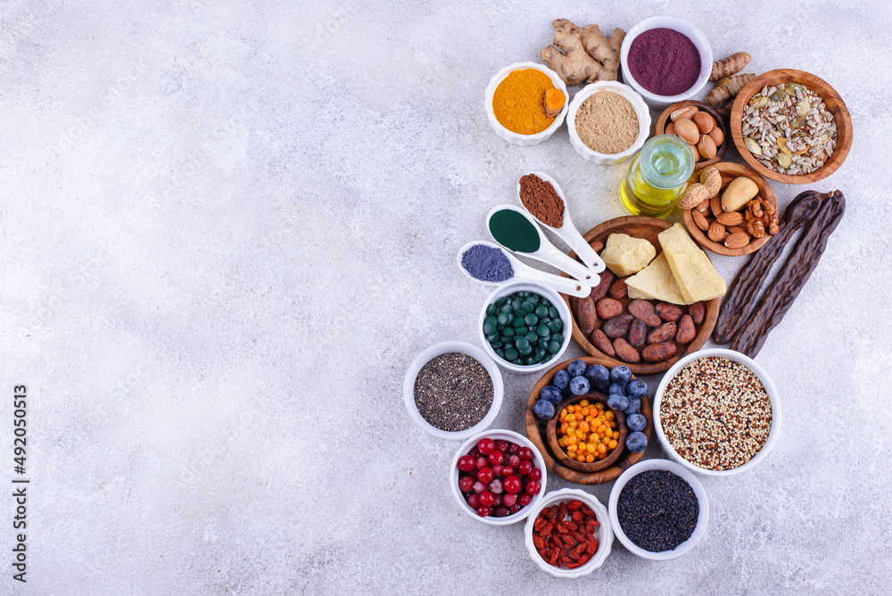 Various superfoods and healthy food supplement. Various superfoods and healthy food supplement.