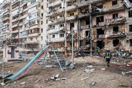 War of Russia against Ukraine. Residential building damaged in Kyiv photo
