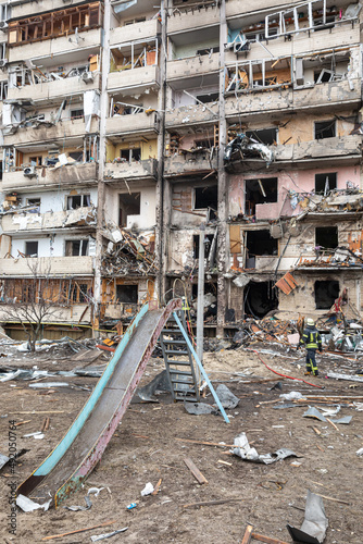 War of Russia against Ukraine. Residential building damaged in Kyiv