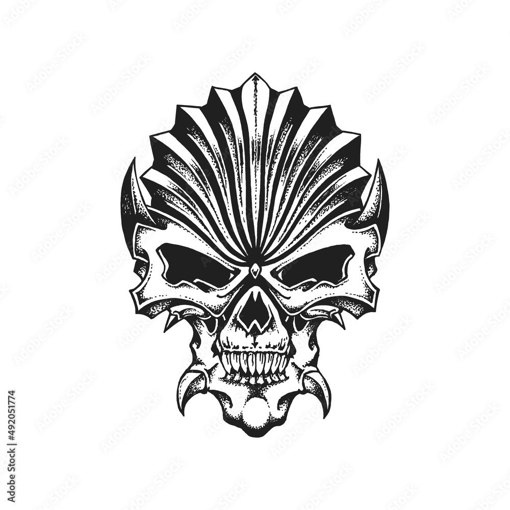 Evil Demon Skull. Print or Tattoo Design. Hand Drawn Vector Illustration Evil Demon Skull. Print or Tattoo Design. Hand Drawn Vector Illustration