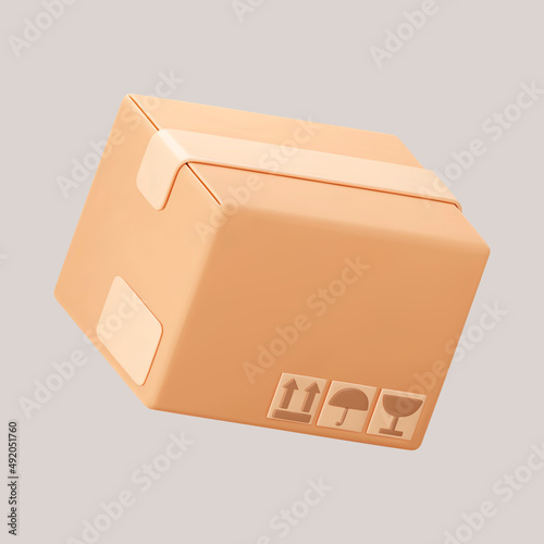 3D cardboard closed box icon with symbols isolated on gray background. Render delivery cargo box with fragile care sign symbol, handling with care, protection from water rain. 3d realistic vector