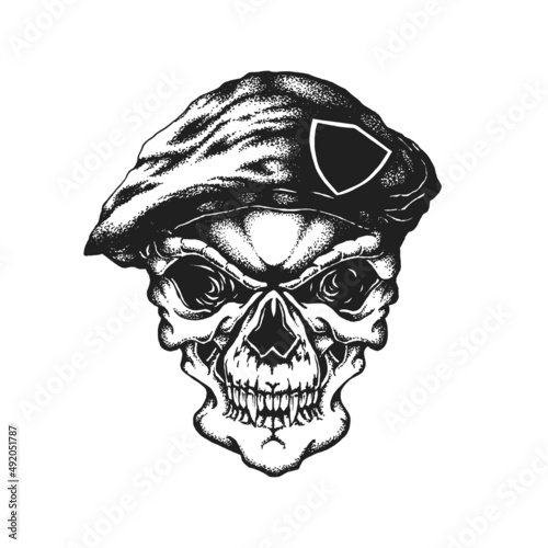 Special Ops Military Commando Marine Soldier Warrior Skull Wearing Beret Cap. Print or Tattoo Design. Hand Drawn Vector Illustration