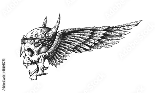 Viking Berserk Warrior Winged Valkyrie Skull Wearing Horned Helmet. Print or Tattoo Design. Hand Drawn Vector Illustration