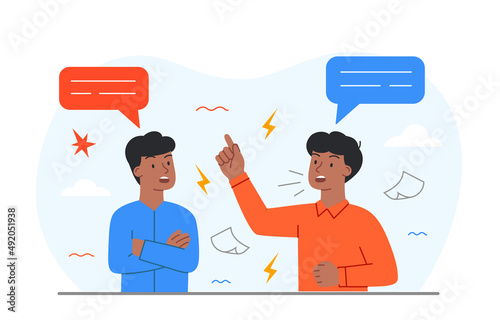 Arguing and conflicting. Two young guys communicate, discontent and anger, criticism of ideas. Characters discuss news and point of view. Emotions and expression. Cartoon flat vector illustration