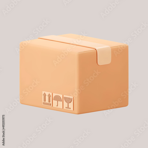 3D cardboard closed box icon with symbols isolated on gray background. Render delivery cargo box with fragile care sign symbol, handling with care, protection from water rain. 3d realistic vector