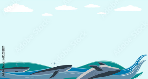 Sea life cartoon background with three whales on tides in the ocean. Vector sea marine life concept background, place for text.