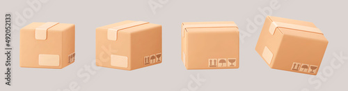 3D cardboard closed box icon set with symbols isolated on gray background. Render delivery cargo box with fragile care sign symbol, handling with care, protection from water rain. 3d realistic vector.