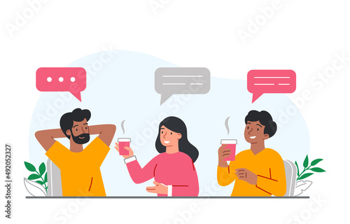 Concept of break. Men and girls communicate. Good atmosphere in team, colleagues discuss projects with coffee. coworking and company development, restaurant or cafe. Cartoon flat vector illustration