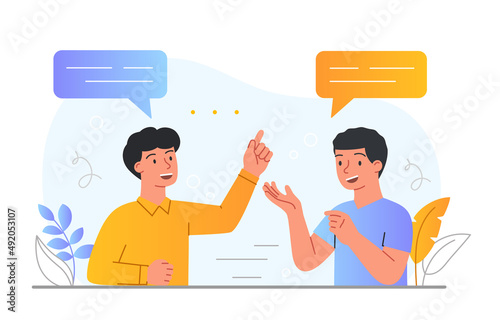 Concept of conversation. Guys have fun talking to each other, friends discuss latest news, students talk about rumors and gossip. Dialogue, team and communication. Cartoon flat vector illustration