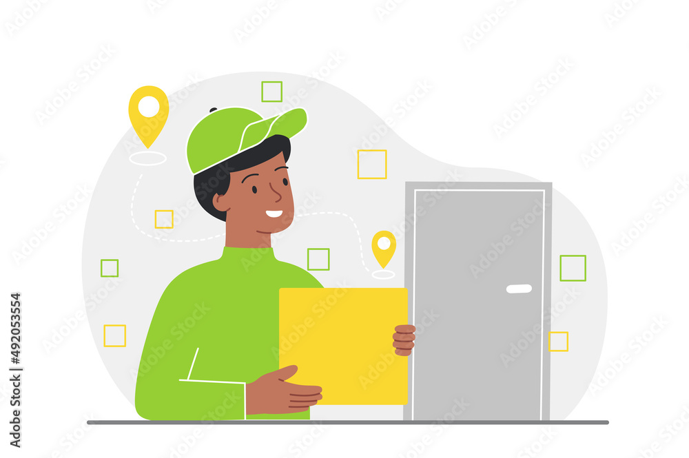 Concept of delivery service. Man with parcel in hands near apartment, courier delivers order, modern and convenient service. Globalization and online shopping. Cartoon flat vector illustration Concept of delivery service. Man with parcel in hands near apartment, courier delivers order, modern and convenient service. Globalization and online shopping. Cartoon flat vector illustration