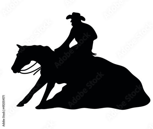 Black and white vector flat illustration: Sliding stop, reining western horse and rider silhouette	