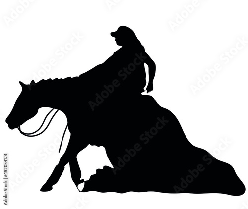 Black and white vector flat illustration: Sliding stop, reining western horse and rider silhouette 