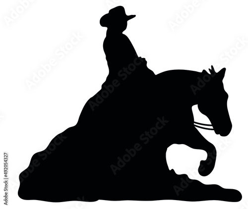 Black and white vector flat illustration: Sliding stop, reining western horse and rider silhouette	