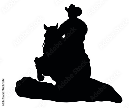 Black and white vector flat illustration: Sliding stop, reining western horse and rider silhouette	