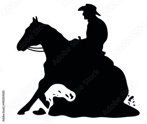Black and white vector flat illustration: Sliding stop, reining western horse and rider silhouette	