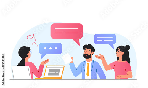 Concept of discussion. Man and girls in office. Characters looking for best way to develop company, board of directors, brainstorming. Analytical department, disputes. Cartoon flat vector illustration