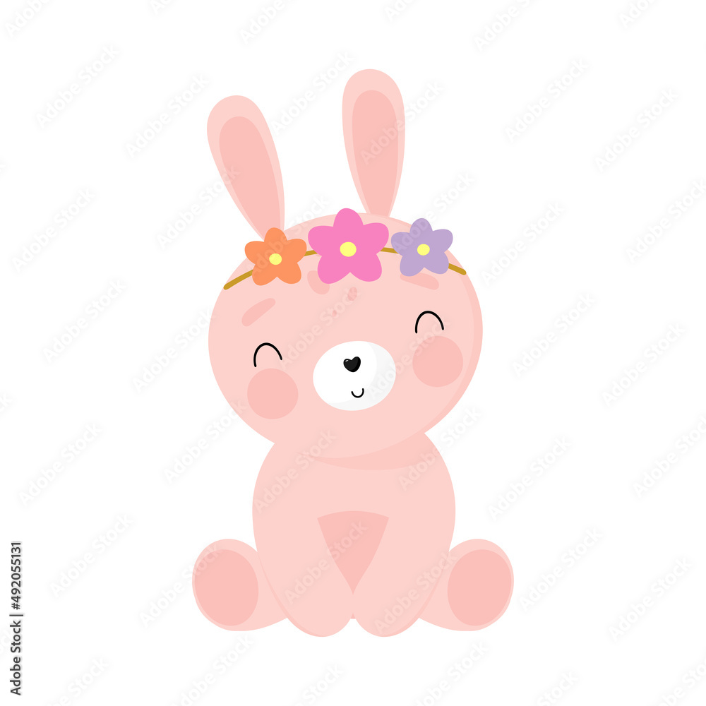 Cute Rabbit with flowers. Cartoon style. Vector illustration. For kids stuff, card, posters, banners, children books, printing on the pack, printing on clothes, fabric, wallpaper, textile or dishes. Cute Rabbit with flowers. Cartoon style. Vector illustration. For kids stuff, card, posters, banners, children books, printing on the pack, printing on clothes, fabric, wallpaper, textile or dishes.