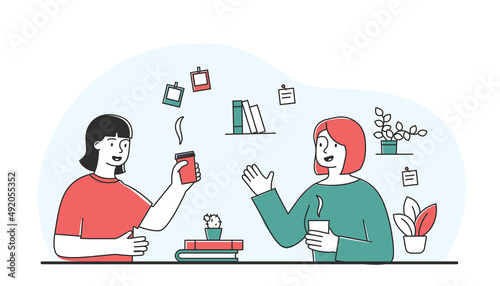Woman drink together. Two girlfriends in apartment with tea or coffee, comfortable and cozy room. Communication, characters discuss latest news, gossip and rumors. Cartoon flat vector illustration