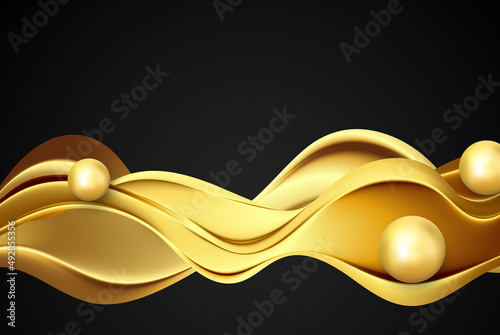 Black background with smooth golden wave and golden spheres.Abstract golden wave vector background.