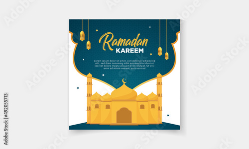 Ramadan Kareem Promotional sale social media post template with musjid , moon, and lamp 