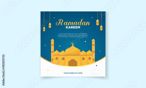 Ramadan Kareem Greeting Card, Promotional sale social media post template with musjid, moon, and lamp 