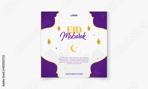 Eid Mubarak Greeting Card, Promotional sale social media post template with moon, and lamp for Instagram day