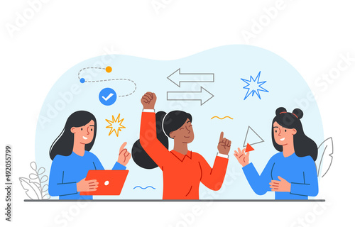 Female friends concept. Girls communicate, brainstorm and colleagues. Girlfriends at party or disco, holiday. Rest after work and entertainment, creative people. Cartoon flat vector illustration