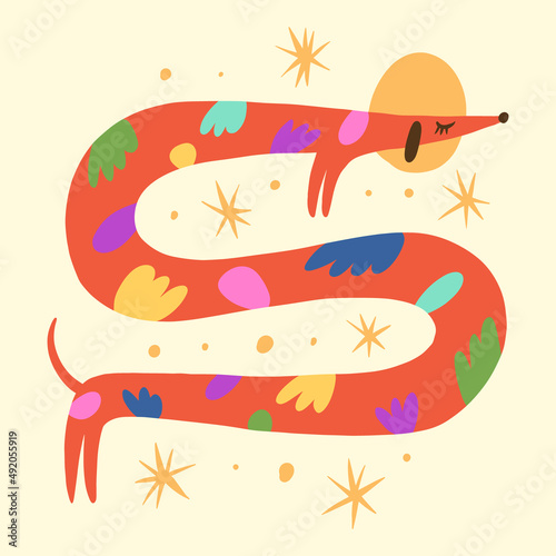 Vector clipart dog dachshund sticker. Dogs breed. EPS and JPG illustration. Funky doodle trendy print, colorful handdrawn childish cartoon art. Groovy fauve abstract collage decor elements in authors