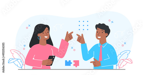 Concept of gestures. Man and girl smile and point fingers at each other. Happy team celebrating success, successful employees, colleagues, good relationship. Cartoon flat vector illustration