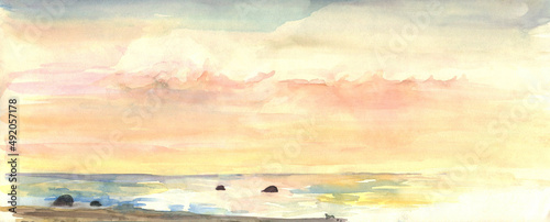 A watercolor image of a seashore or lake.