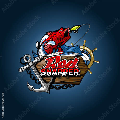 Red Snapper illustration of a fishing scene with an anchor and a helm on a dark background.