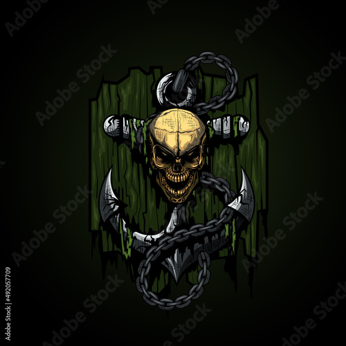Illustration of an old anchor with a skull on it twisting with an iron chain. T-shirts or tattoos graphics.