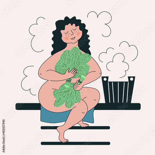 Woman in a steam room with brooms
